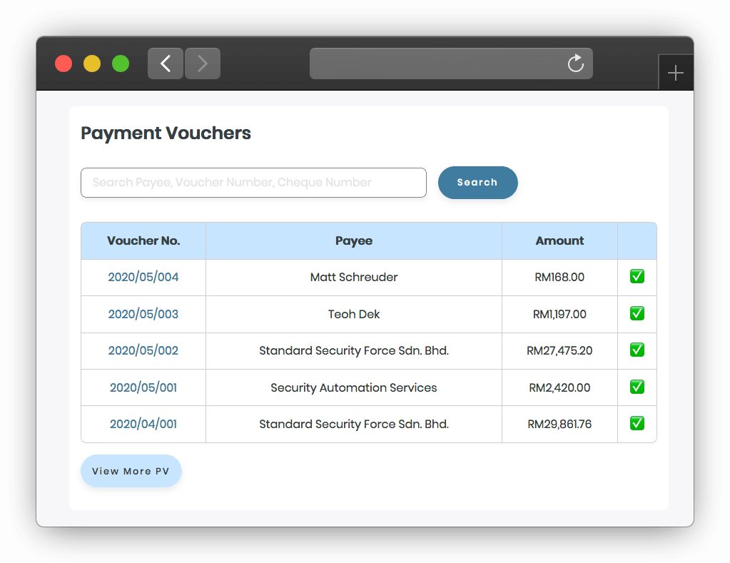Screenshot of payment voucher page